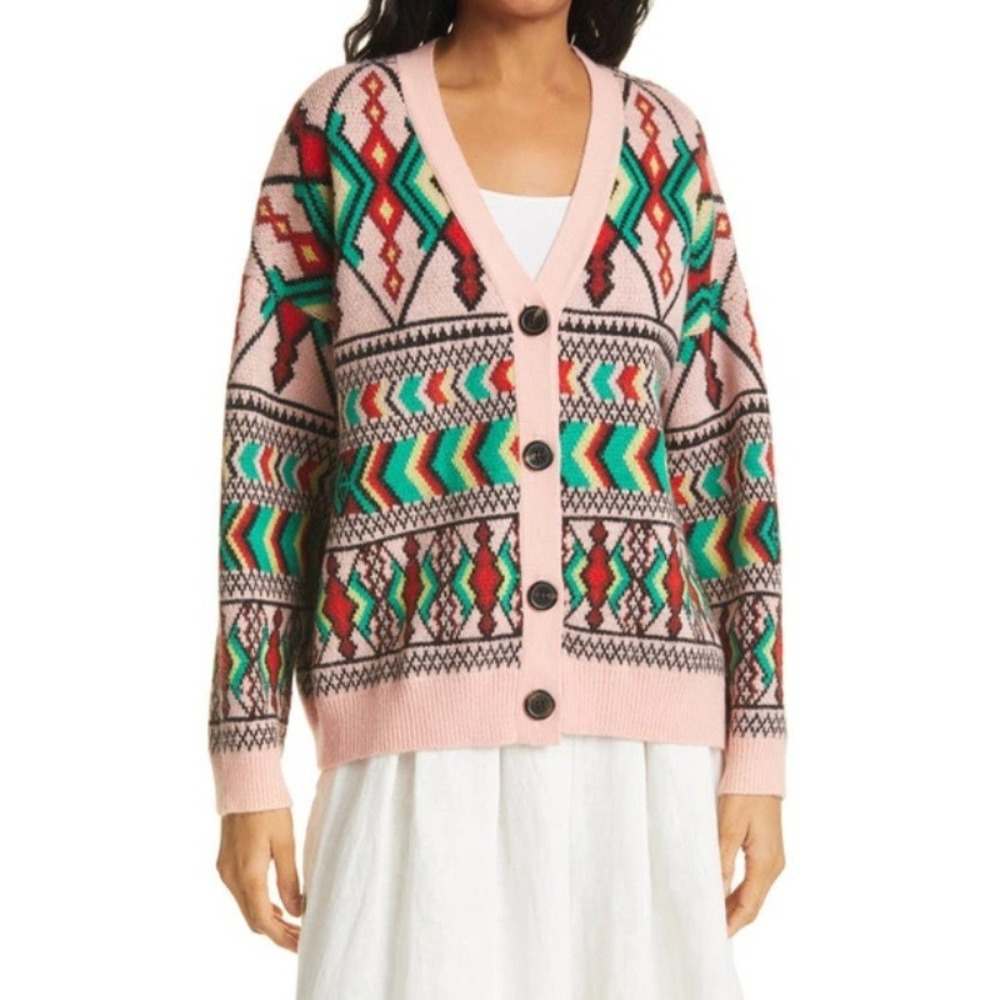 Farm Rio Amulet Cardigan Pink Geometric Diamond Knit Button Front Sweater M - Picture 2 of 9